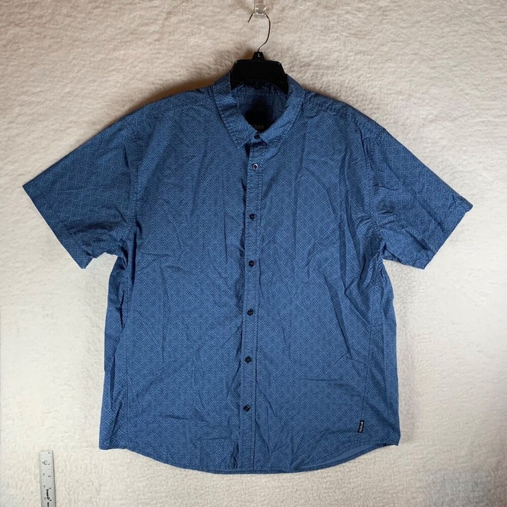 prAna Men's Geometric Print Blue Short Sleeve Casual Button Up Shirt Size 2XL